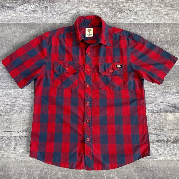 Dickies Buffalo Check Plaid Button Up Shirt Mens M Short Sleeve Red Navy Pockets - Picture 1 of 7